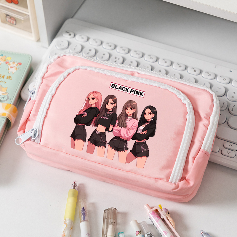 Case With Pencil Holder - ブラックピンク大容量キャンバス鉛筆ケース学生用 Kpop BP 漫画プリントペンバッグファッション文具収納ポーチギフト